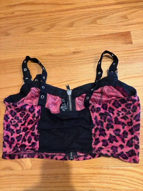 Tripp NYC Pink and Black Leopard Zip Front Crop Top - Picture 2 of 2